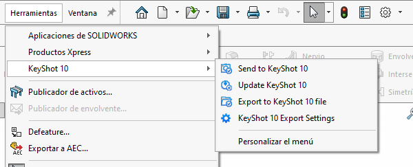 Menú de SolidWorks para enviar piezas directamente a KeyShot..