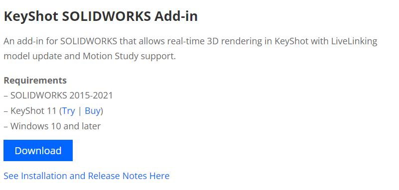 Ventana de descarga del plugin KeyShot - SolidWorks